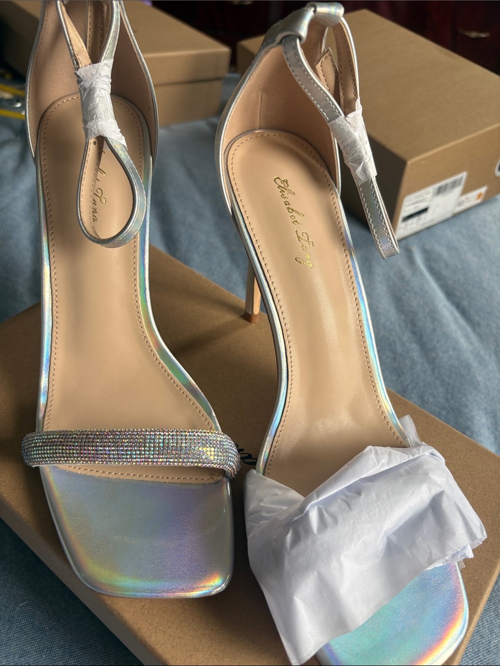 Elizabeth Hurley Iridescent Crystal-Strap High Heel Sandals - Silver